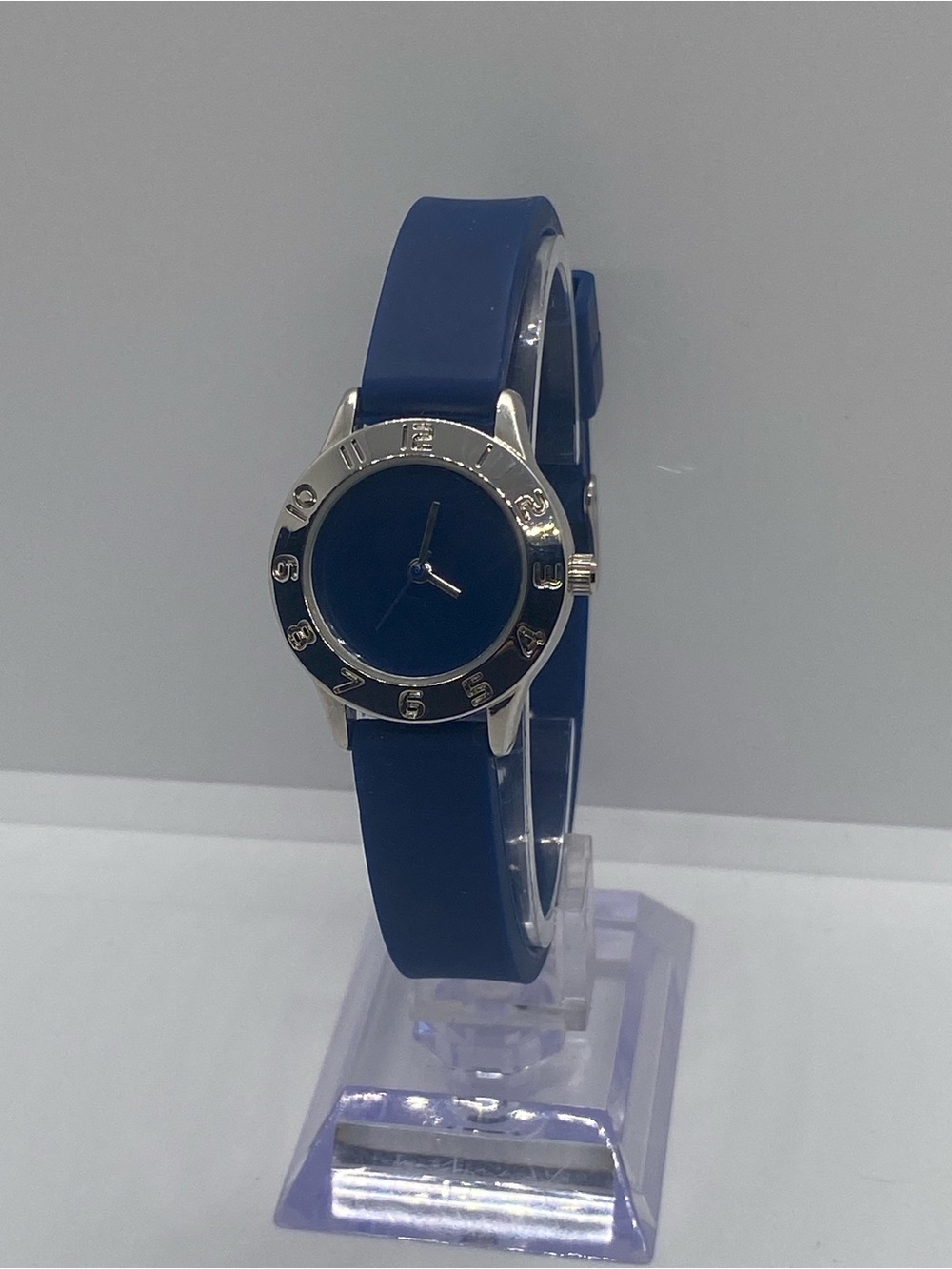 Navy Blue Silicone Strap Watch with Silver Tone Bezel